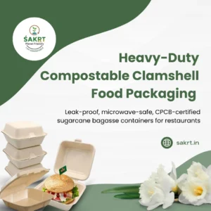 CPCB certified compostable clamshell food packaging for restaurant takeaway
